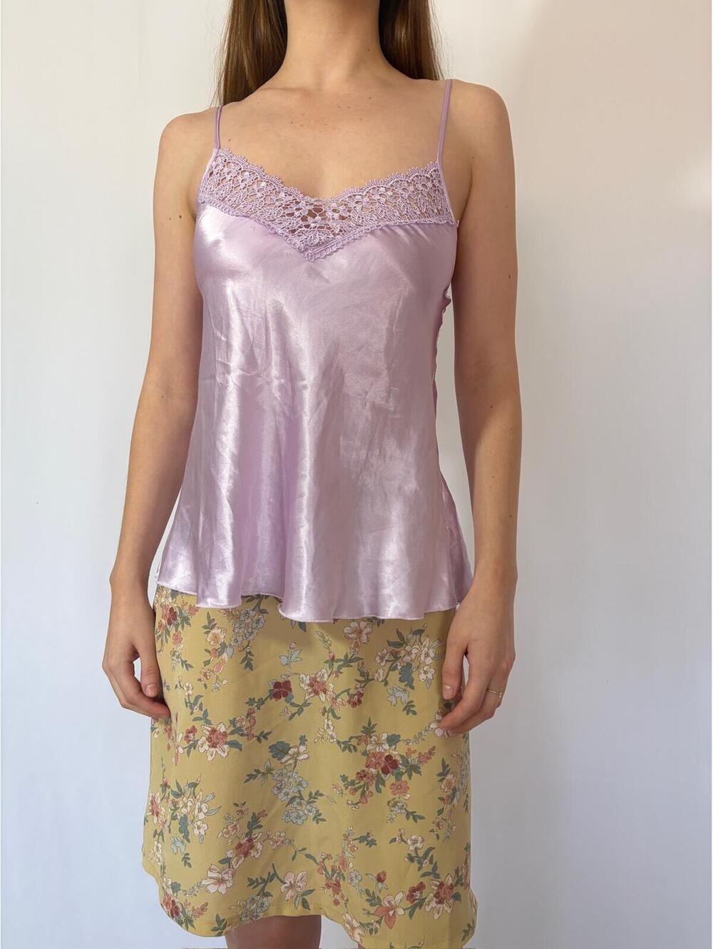 Dainty Lace Trim Lilac Purple Silky Satin Spring Cami